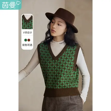 茵曼早春装2023年新款女V领日系复古毛衣外搭小香风针织背心马甲图片