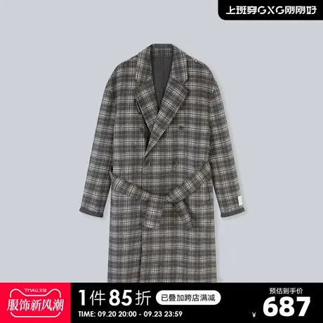 YATLAS亚锐男装2020冬季商场同款卡其色休闲格纹长款大衣男潮图片