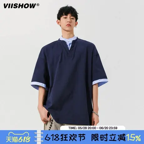 VIISHOW美式学院风假两件v领短袖t恤男款夏季宽松休闲拼接上衣服商品大图