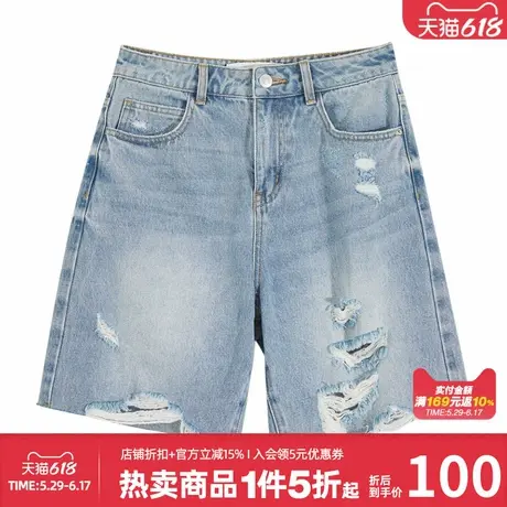 美特斯邦威牛仔短裤女士夏季新款舒适时尚百搭毛边破洞五分裤图片