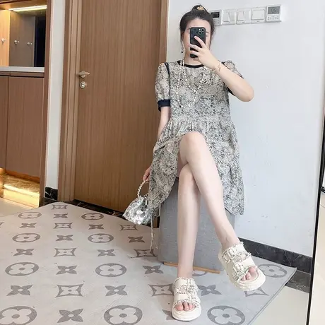 圆领印花短袖连衣裙女夏季新款2024时尚中长款雪纺裙子大码胖mm图片