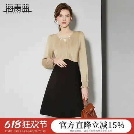 海青蓝时尚气质珍珠圆领长袖连衣裙女2024秋季新款拼接撞色中长裙图片