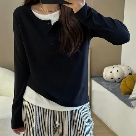 春秋长袖上衣女胖mm大码遮肚假两件拼接设计t恤ins休闲百搭打底衫商品大图