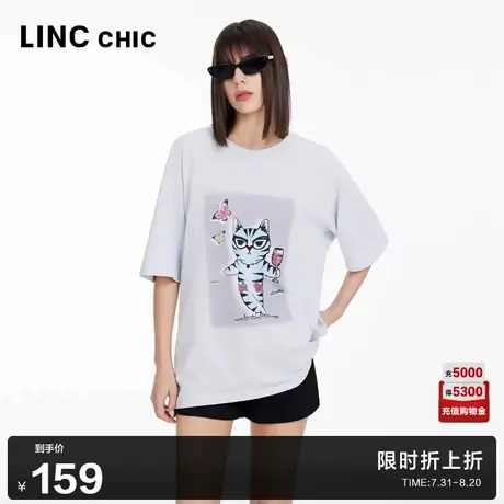 LINCCHIC金羽杰短袖上衣女廓形感圆领半袖印花大T恤女S242TS258Y商品大图