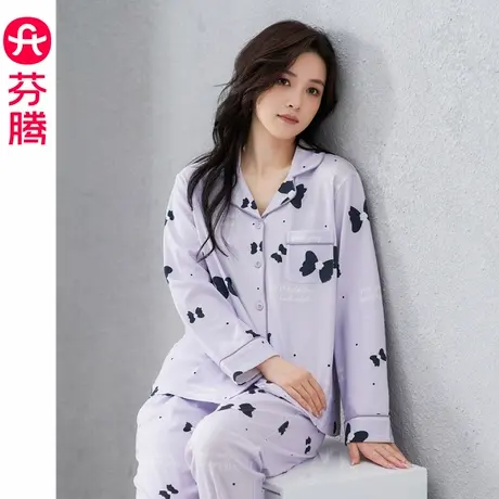 芬腾纯棉睡衣女款春秋季开衫宽松套装大码新款女士休闲舒适家居服商品大图