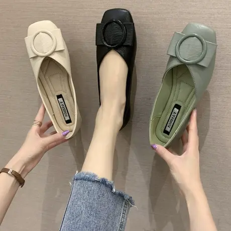 豆豆鞋女2023春秋新款浅口方头单鞋软底百搭黑色工作鞋上班平底鞋商品大图