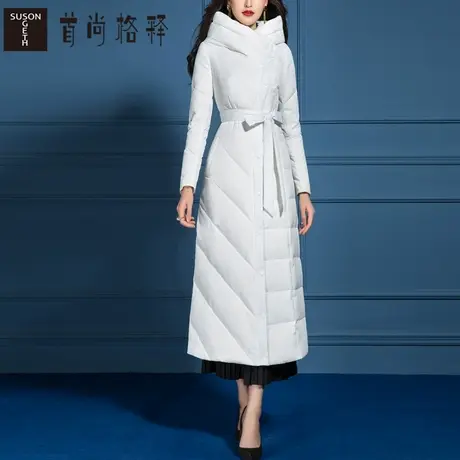 白色羽绒服女中长款2023新款冬季收腰修身显瘦时尚连帽白鸭绒外套图片