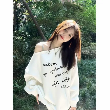 美式潮牌斜领白色卫衣女2025秋季薄款露肩宽松小众设计感百搭上衣商品大图