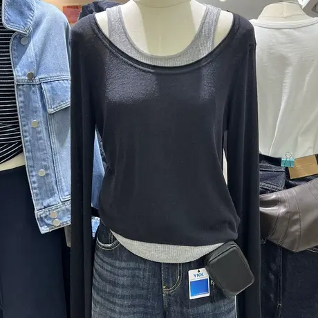 2025秋季新款简约百搭假两件拼色长袖套头针织衫女洋气上衣ins潮商品大图