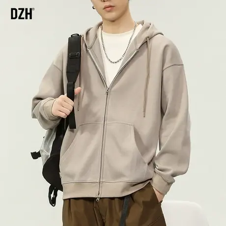 男士连帽开衫卫衣男春秋款美式重磅杏色上衣休闲运动外套男款潮牌商品大图