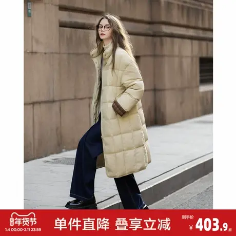 唐狮冬季长款羽绒服女立领拼接格纹设计过膝保暖羽绒外套鸭绒冬日图片