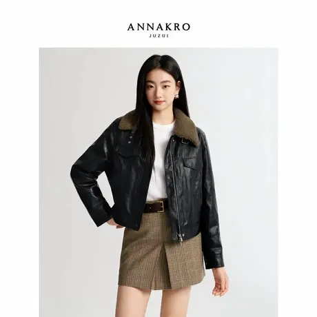 玖姿安娜蔻摩登巴恩风颗粒绒拼接翻领PU皮外套女2026春季新款图片