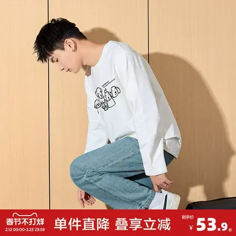 唐狮秋季新款长袖T恤男涂鸦印花潮酷圆领宽松上衣内搭打底衫商品大图