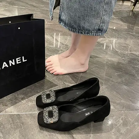 鞋子女秋季新款2023年一脚蹬方头水钻通勤高跟鞋浅口复古法式单鞋图片