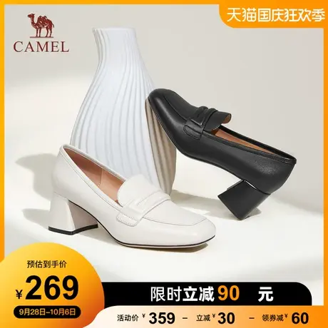 骆驼女鞋2023秋季新款真皮马衔扣英伦风方头粗跟小皮鞋女乐福单鞋图片