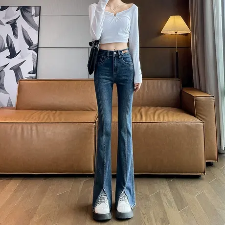 前开叉复古微喇牛仔裤女春秋季2023新款高腰显瘦弹力小个子喇叭裤商品大图