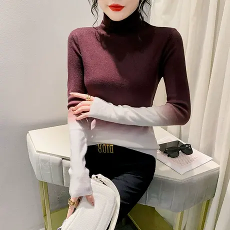 时尚撞色高领毛衣长袖女气质减龄个性打底衫洋气修身套头内搭针织商品大图