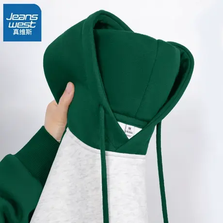 VR真维斯插肩袖卫衣女加绒春秋冬2023新款撞色连帽慵懒风美式外套图片