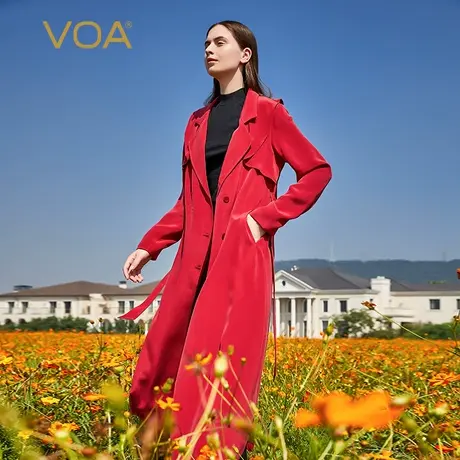 VOA真丝30姆米重磅红色西装领长袖三粒扣束腰做旧工艺桑蚕丝外套图片