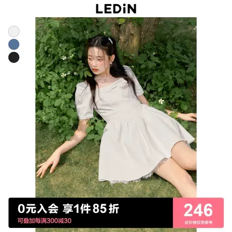 乐町蕾丝拼接牛仔裙2023夏季女百褶设计感芭蕾风泡泡袖法式连衣裙图片