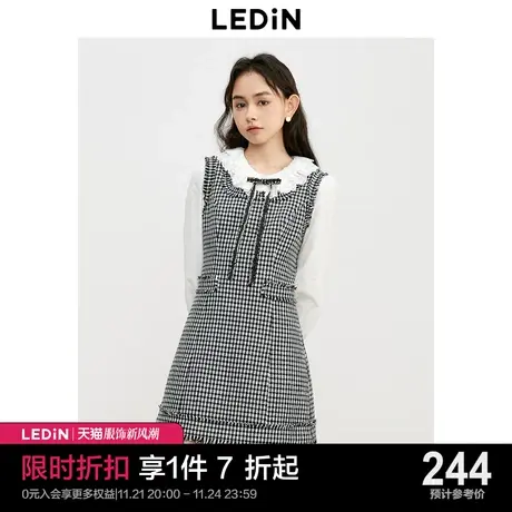 乐町千鸟格无袖连衣裙23年初秋新款女装毛边连衣裙简约方领背心裙图片