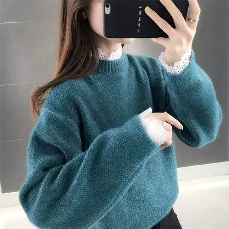 5252女士毛衣新款爆款宽松春装外穿慵懒风加厚套头半高领蕾丝韩版商品大图
