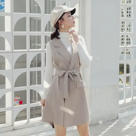 桔熊春秋季通勤舒适条纹西装领背心连身五分裤裙子女装大码BA5815图片