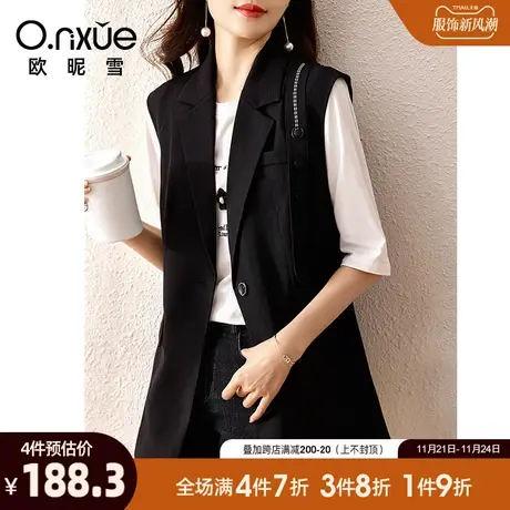 欧昵雪2024春秋新款简约翻驳领绣花马甲外套女一粒扣黑色直筒马夹图片