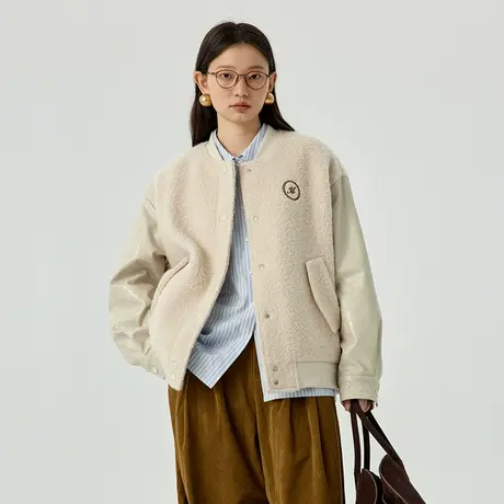 omont蛋挞家 复古棒球棉服女冬季新款宽松羊毛加厚呢子外套商品大图