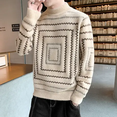 秋冬季男士水貂绒毛衣半高领青少年条纹格子针织打底衫毛线衣潮流商品大图