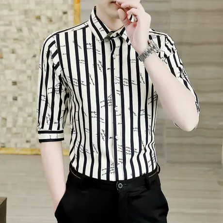 2025新款潮流中袖衬衫男士夏季韩版条纹休闲衬衣服青年时尚七分袖商品大图