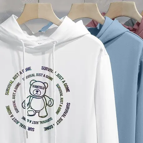 2024新款连帽卫衣男秋冬加绒加厚宽松潮流小熊长袖带帽衫白色外套商品大图