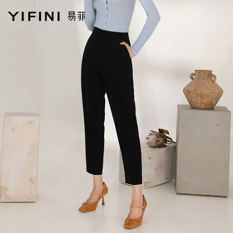 Yifini/易菲三醋酸高级感黑色高腰八分裤女秋新直筒裤小脚裤商品大图