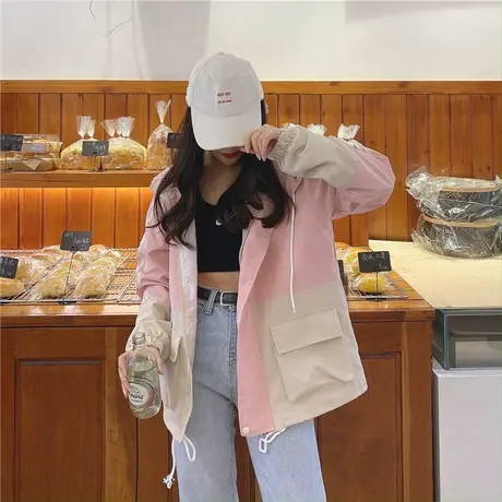 春秋新款韩版宽松大码BF学生ins原宿连帽工装风衣外套女棒球服潮商品大图