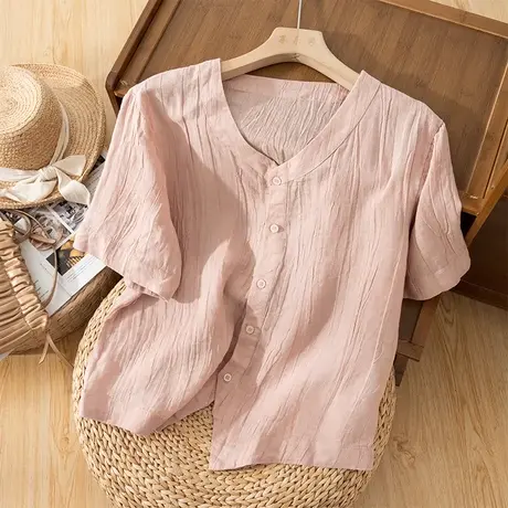 享永子短袖天丝苎麻T恤上衣女文艺复古棉麻小衫宽松2024夏季新款商品大图