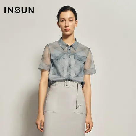恩裳夏季亮丝半透网纱工装短袖衬衫感图片