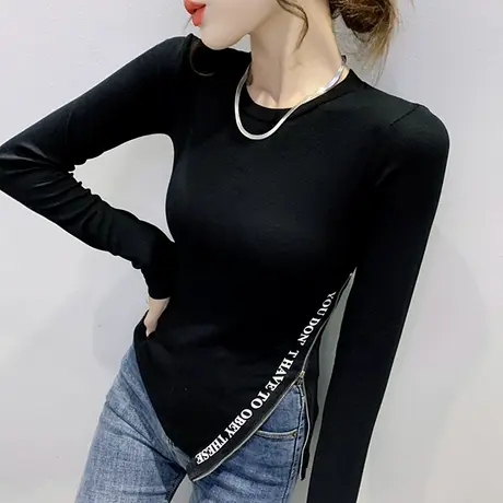 时尚不规则开叉T恤ins潮设计感小众上衣紧身内搭打底衫女长袖春秋商品大图