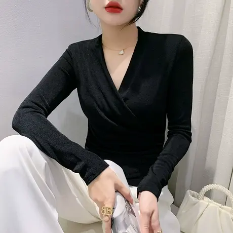 性感网纱打底衫女长袖2024春秋新款洋气交叉V领上衣修身百搭T恤潮图片