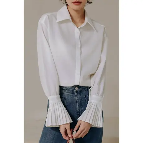 弥古2025春季女装白色风琴褶衬衫女上衣长袖高级感正肩法式白衬衣商品大图