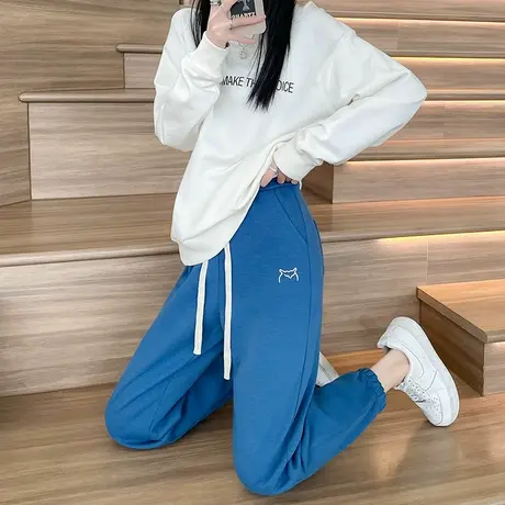 蓝色运动裤女春秋显瘦宽松束脚高腰抽绳九分小个子灰色休闲卫裤子商品大图