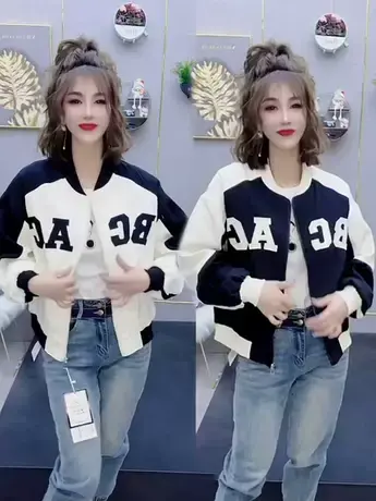 欧洲站棒球服2023秋季新款字母拼色短外套女时尚宽松夹克开衫上衣商品大图