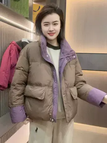 欧货冬季新款韩版撞色立领羽绒服宽松时尚白鸭绒上衣女厚外套潮款图片