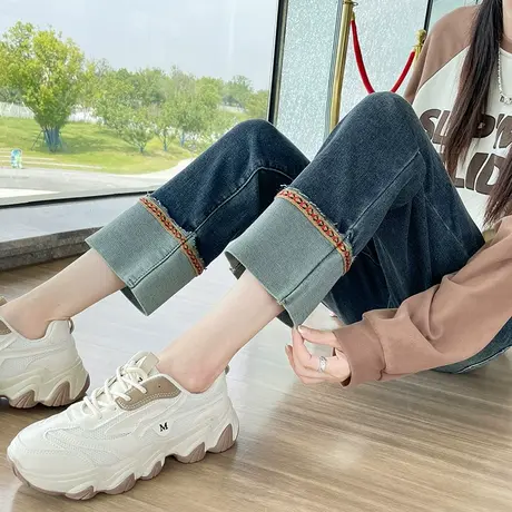 蓝色拼接直筒牛仔裤女春秋新款高腰显瘦小个子翻边九分法棍烟管裤商品大图