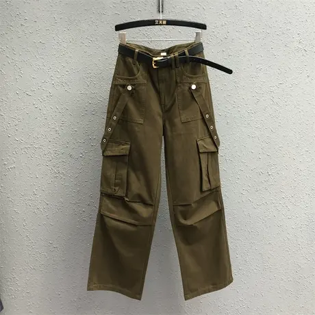 帅气休闲咖啡色工装裤潮女秋季新款复古美式宽松显瘦直筒阔腿长裤商品大图