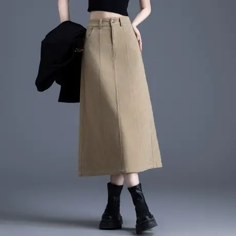 卡其色牛仔半身裙女高腰秋冬2023新款裙子过膝长裙小个子a字半裙图片