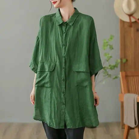 dza 复古纯色苎麻衬衫女2023夏薄款防晒衬衣宽松棉麻外搭开衫上衣图片