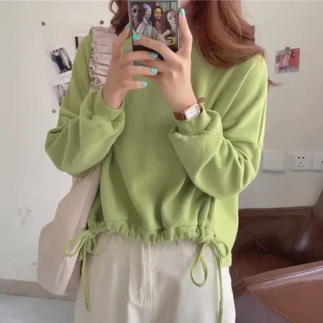 牛油果绿短款抽绳收腰无帽卫衣女春秋季韩版宽松长袖上衣薄款外套商品大图