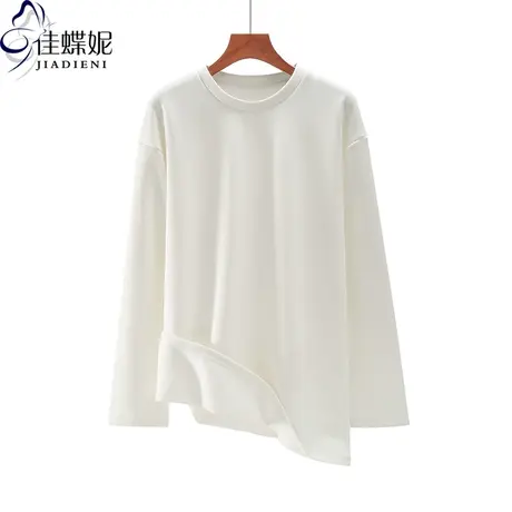 秋冬新款韩版圆领中长款纯色宽松加绒加厚保暖长袖体恤上衣内搭女商品大图