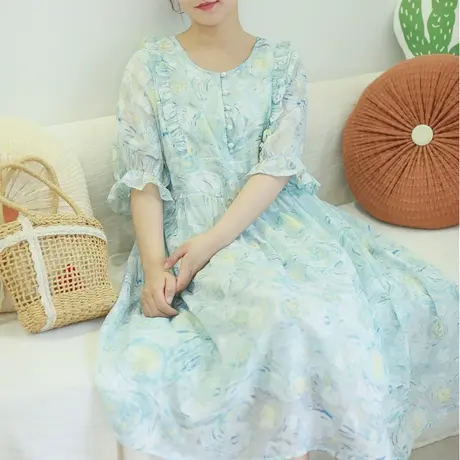 【买一送一】夏新品法式梵高印画连衣裙大码荷叶袖复古长裙商品大图