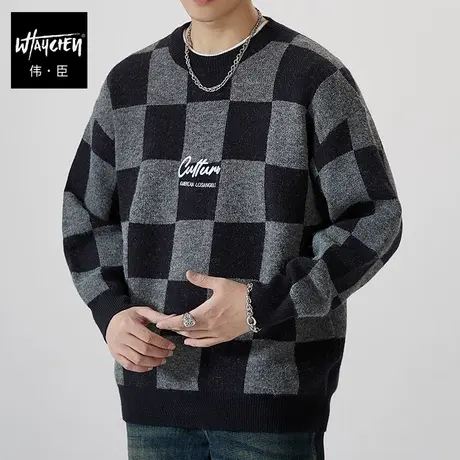 伟臣潮牌大码男装秋冬圆领针织衫男胖子加肥加大格子套头肥佬毛衣商品大图
